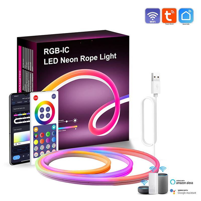 Tuya WiFi Bluetooth Music Color Chasing RGBIC USB LED Neon Light Strip 3m DIY Neon Sign Kit